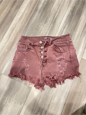 Refuge Button-Fly High-Waist Shorts in Dusty Rose